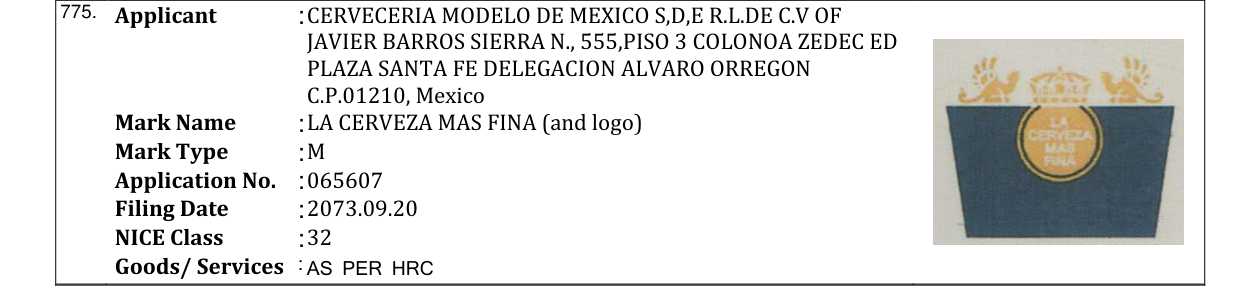 Original bulletin entry for LA CERVEZA MAS FINA (and logo)
