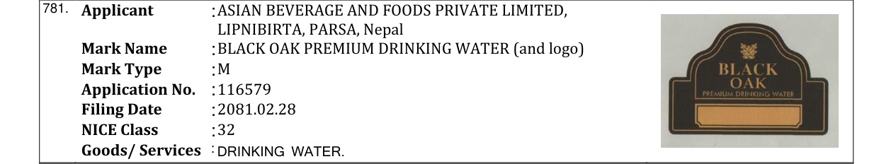Original bulletin entry for BLACK OAK PREMIUM DRINKING WATER (and logo)