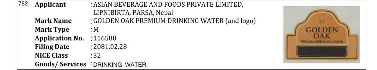 Original bulletin entry for GOLDEN OAK PREMIUM DRINKING WATER (and logo)