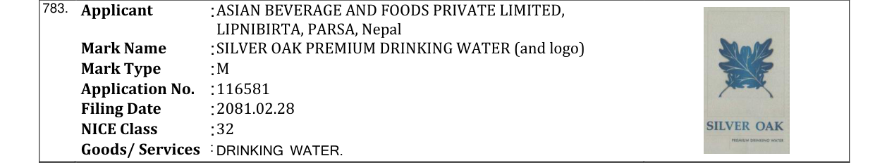 Original bulletin entry for SILVER OAK PREMIUM DRINKING WATER (and logo)