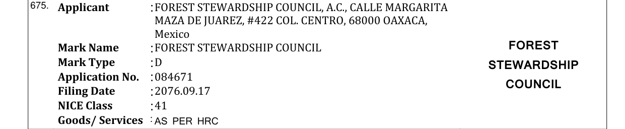 Original bulletin entry for FOREST STEWARDSHIP COUNCIL FOREST