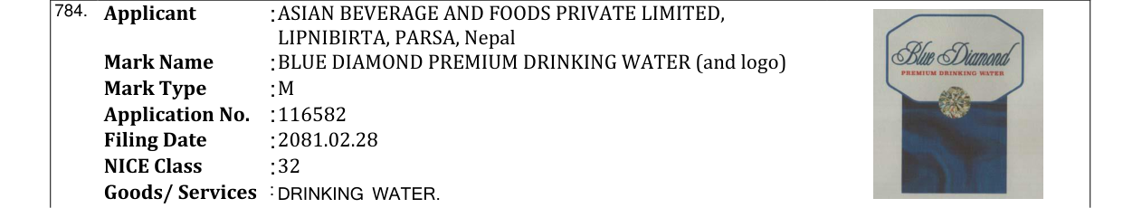 Original bulletin entry for BLUE DIAMOND PREMIUM DRINKING WATER (and logo)