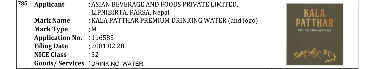 Original bulletin entry for KALA PATTHAR PREMIUM DRINKING WATER (and logo)