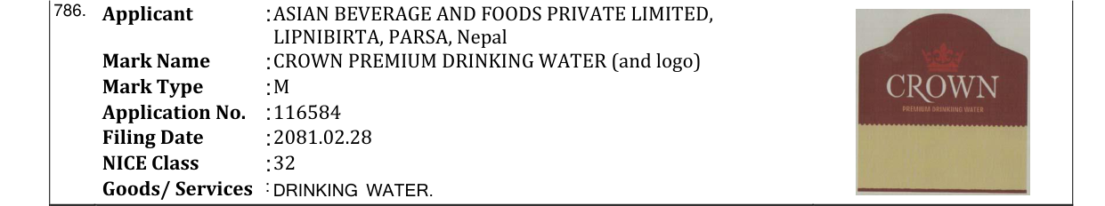 Original bulletin entry for CROWN PREMIUM DRINKING WATER (and logo)