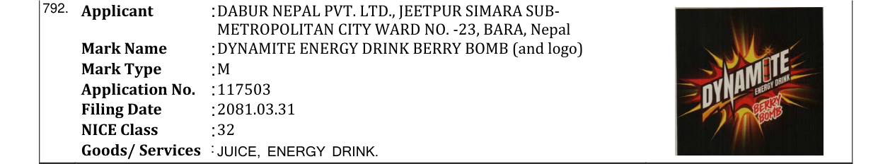 Original bulletin entry for DYNAMITE ENERGY DRINK BERRY BOMB (and logo)