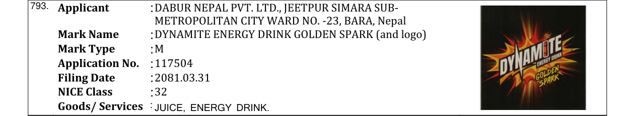 Original bulletin entry for DYNAMITE ENERGY DRINK GOLDEN SPARK (and logo)