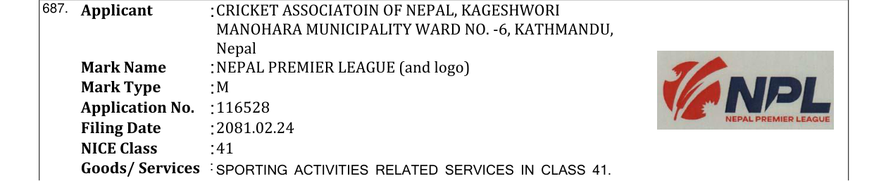 Original bulletin entry for NEPAL PREMIER LEAGUE (and logo)