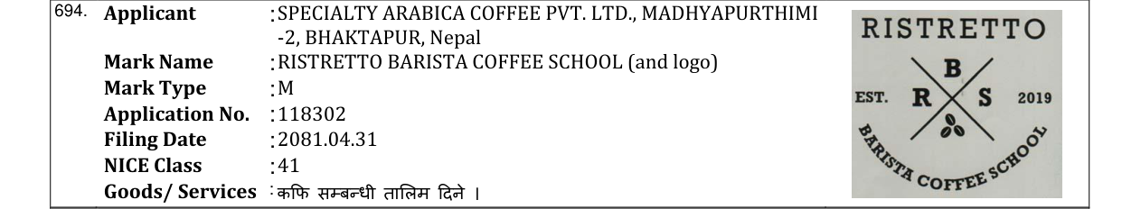 Original bulletin entry for RISTRETTO BARISTA COFFEE SCHOOL (and logo)
