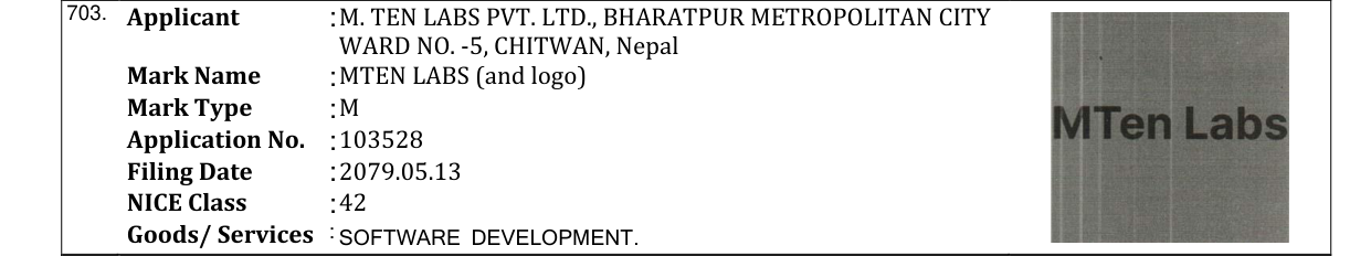 Original bulletin entry for MTEN LABS (and logo)