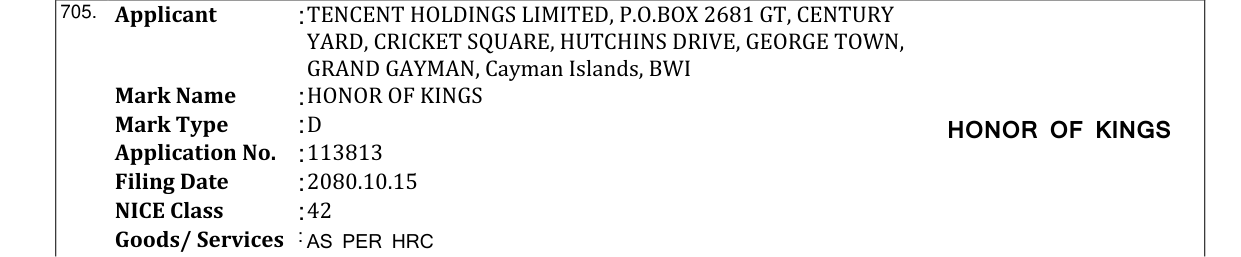 Original bulletin entry for HONOR OF KINGS