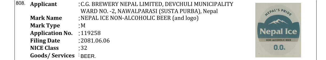 Original bulletin entry for NEPAL ICE NON-ALCOHOLIC BEER (and logo)