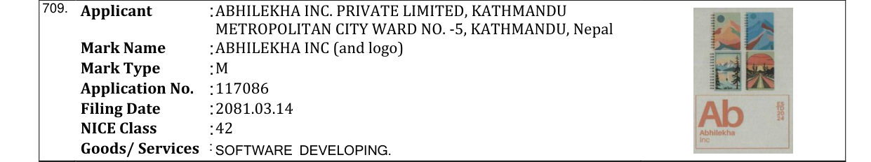 Original bulletin entry for ABHILEKHA INC (and logo)