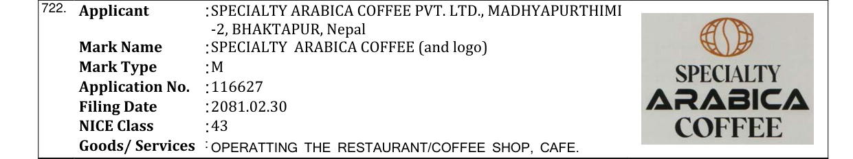 Original bulletin entry for SPECIALTY ARABICA COFFEE (and logo)