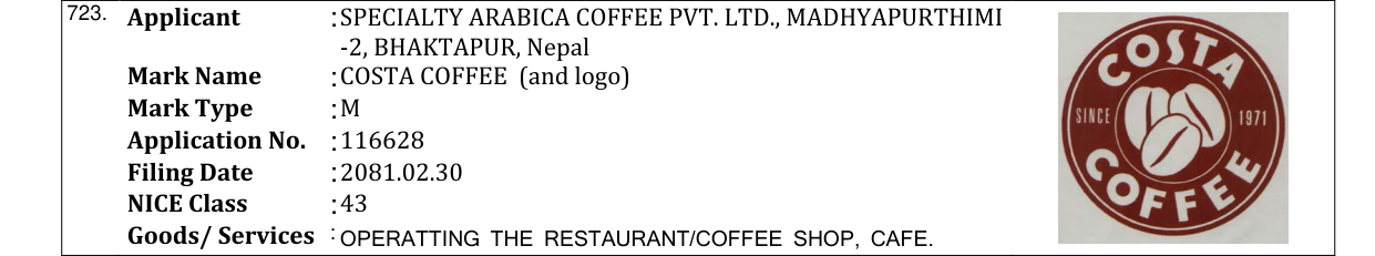 Original bulletin entry for COSTA COFFEE (and logo)