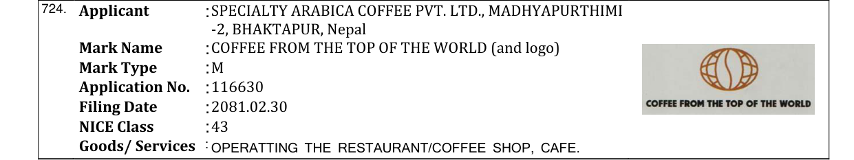 Original bulletin entry for COFFEE FROM THE TOP OF THE WORLD (and logo)
