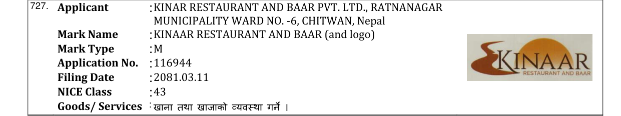 Original bulletin entry for KINAAR RESTAURANT AND BAAR (and logo)