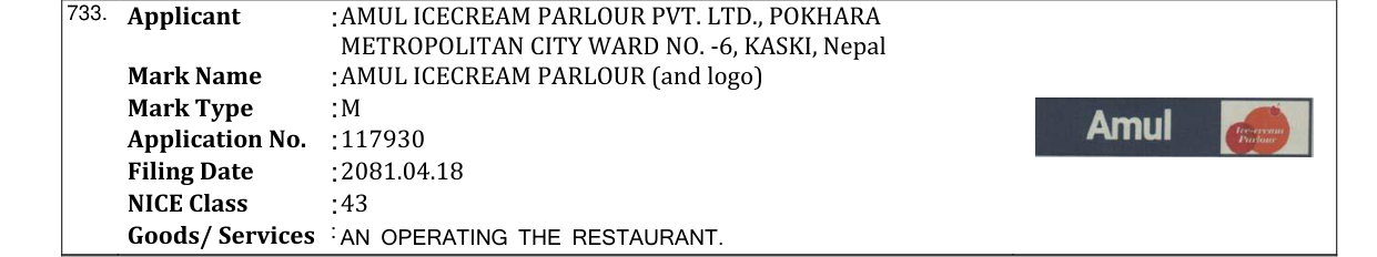 Original bulletin entry for AMUL ICECREAM PARLOUR (and logo)