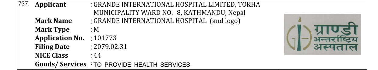 Original bulletin entry for GRANDE INTERNATIONAL HOSPITAL (and logo)