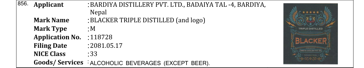 Original bulletin entry for BLACKER TRIPLE DISTILLED (and logo)