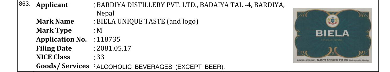 Original bulletin entry for BIELA UNIQUE TASTE (and logo)