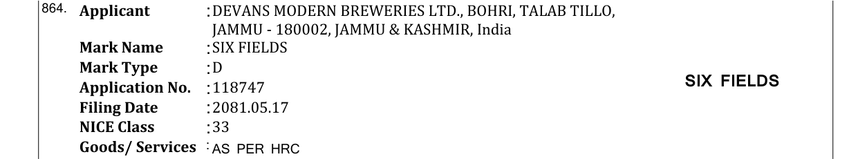 Original bulletin entry for SIX FIELDS