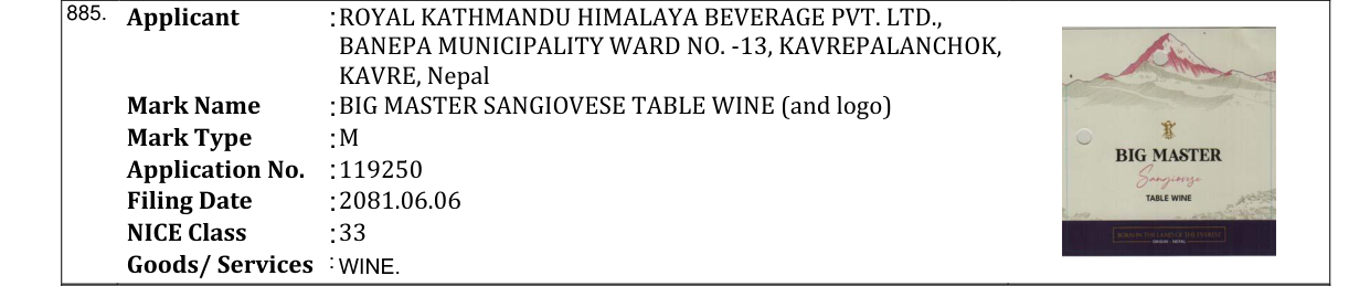 Original bulletin entry for BIG MASTER SANGIOVESE TABLE WINE (and logo)
