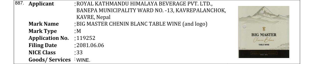 Original bulletin entry for BIG MASTER CHENIN BLANC TABLE WINE (and logo)