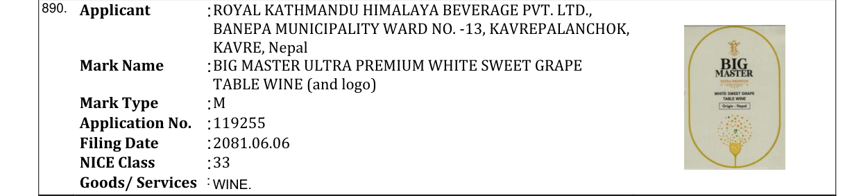 Original bulletin entry for BIG MASTER ULTRA PREMIUM WHITE SWEET GRAPE TABLE WINE (and logo)