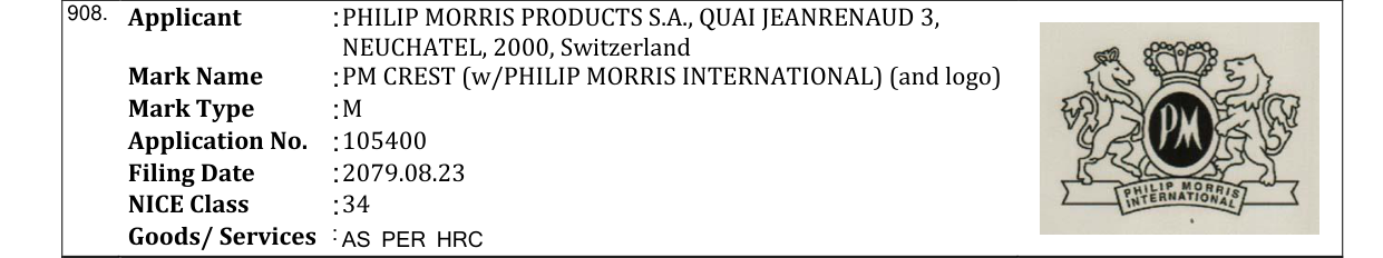 Original bulletin entry for PM CREST (w/PHILIP MORRIS INTERNATIONAL) (and logo)