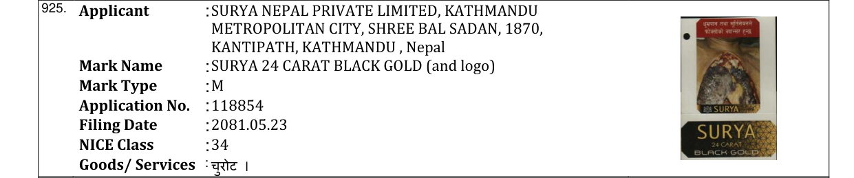 Original bulletin entry for SURYA 24 CARAT BLACK GOLD (and logo)