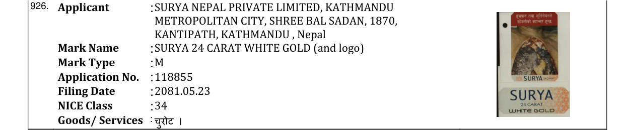 Original bulletin entry for SURYA 24 CARAT WHITE GOLD (and logo)