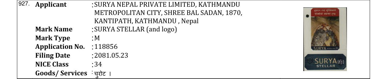 Original bulletin entry for SURYA STELLAR (and logo)
