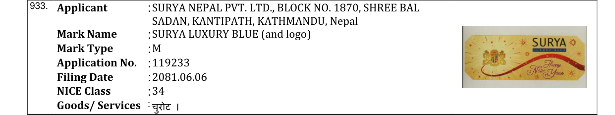 Original bulletin entry for SURYA LUXURY BLUE (and logo)