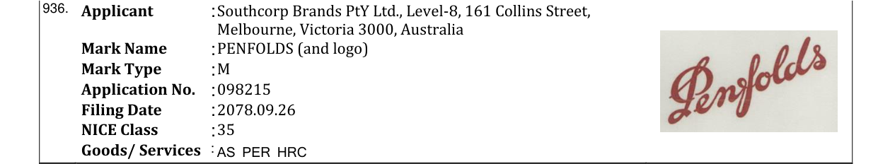 Original bulletin entry for PENFOLDS (and logo)