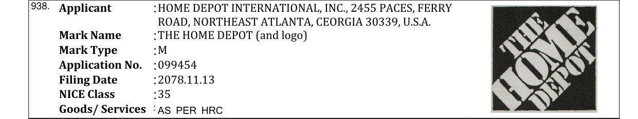Original bulletin entry for THE HOME DEPOT (and logo)