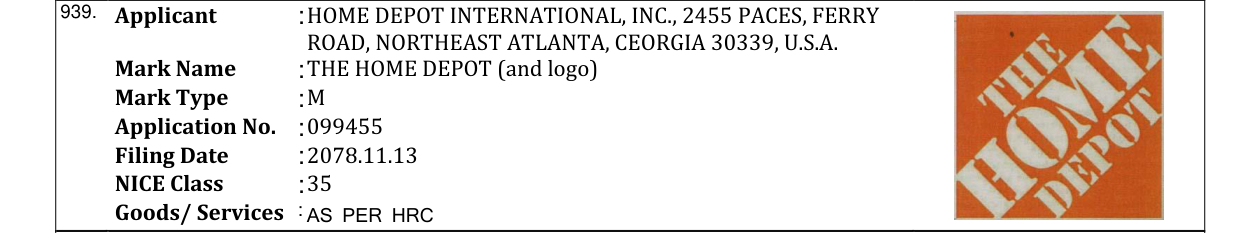 Original bulletin entry for THE HOME DEPOT (and logo)
