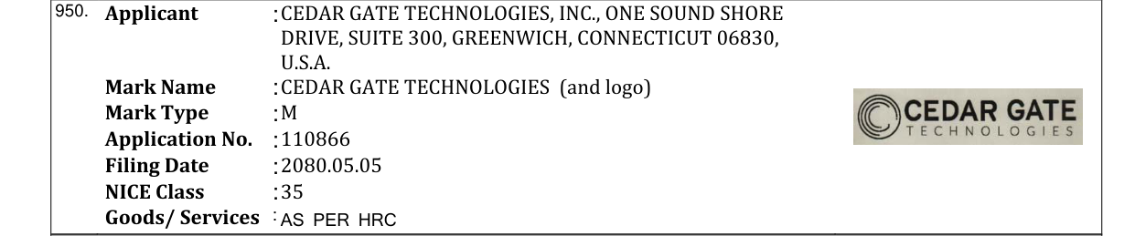 Original bulletin entry for CEDAR GATE TECHNOLOGIES (and logo)