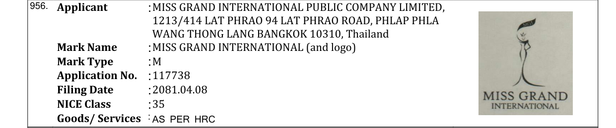Original bulletin entry for MISS GRAND INTERNATIONAL (and logo)