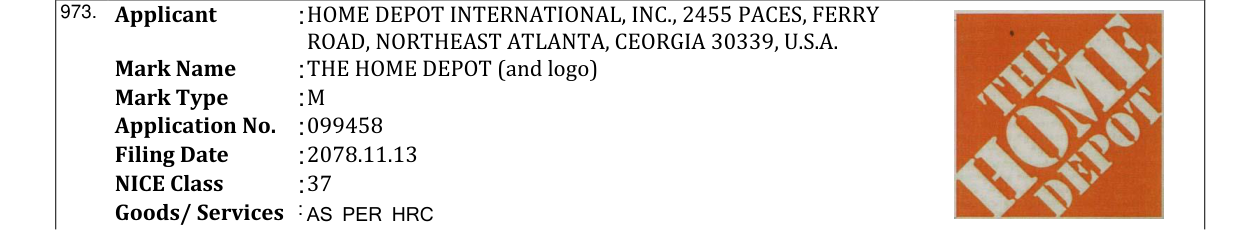 Original bulletin entry for THE HOME DEPOT (and logo)