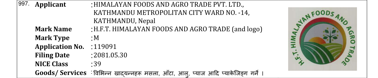 Original bulletin entry for H.F.T. HIMALAYAN FOODS AND AGRO TRADE (and logo)