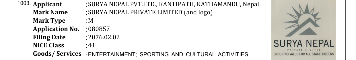 Original bulletin entry for SURYA NEPAL PRIVATE LIMITED (and logo)