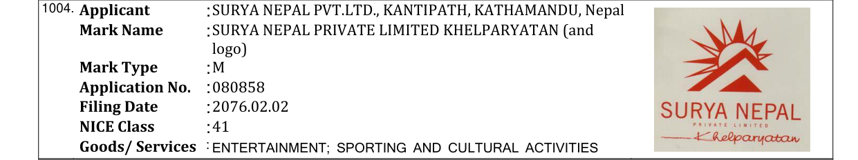 Original bulletin entry for SURYA NEPAL PRIVATE LIMITED KHELPARYATAN (and logo)