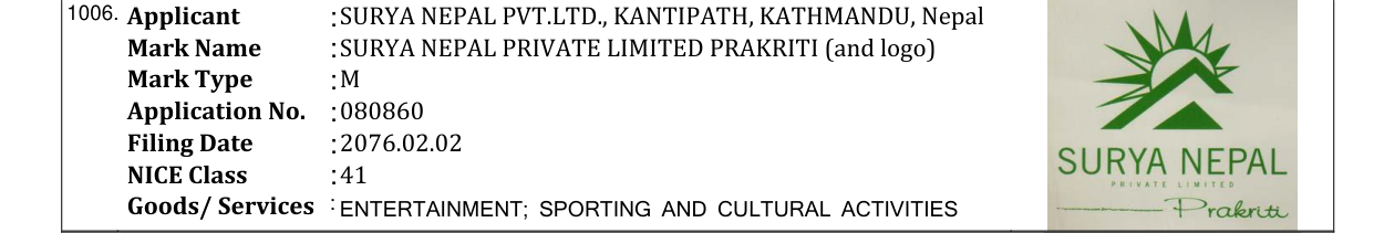Original bulletin entry for SURYA NEPAL PRIVATE LIMITED PRAKRITI (and logo)