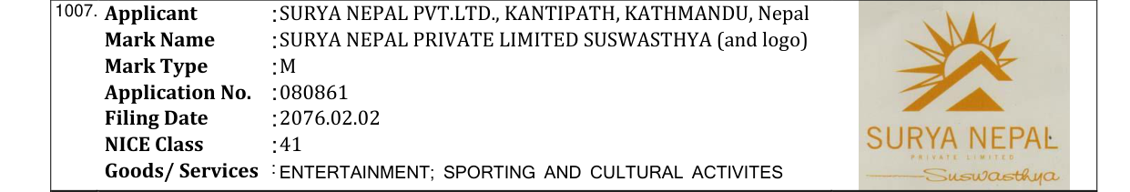 Original bulletin entry for SURYA NEPAL PRIVATE LIMITED SUSWASTHYA (and logo)