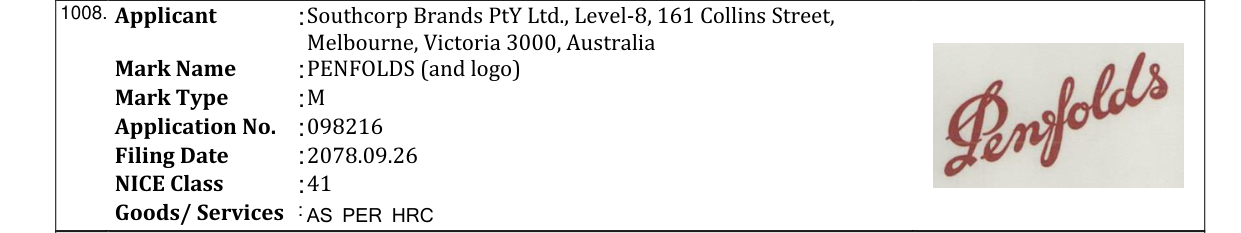 Original bulletin entry for PENFOLDS (and logo)