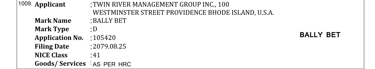 Original bulletin entry for BALLY BET
