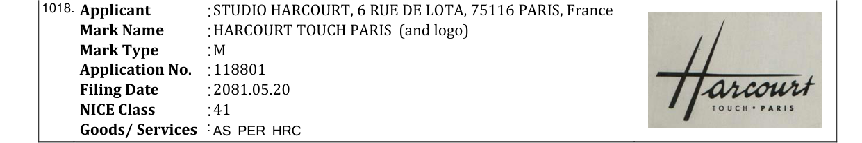 Original bulletin entry for HARCOURT TOUCH PARIS (and logo)