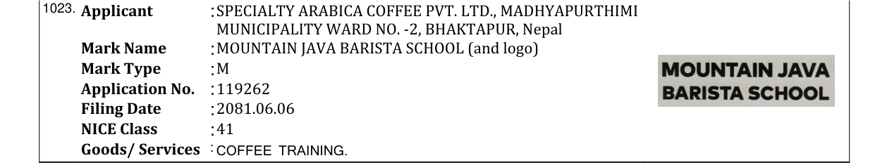 Original bulletin entry for MOUNTAIN JAVA BARISTA SCHOOL (and logo)