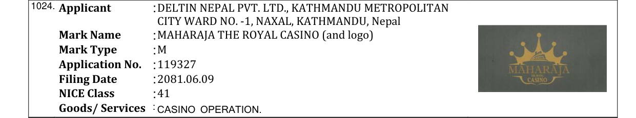 Original bulletin entry for MAHARAJA THE ROYAL CASINO (and logo)