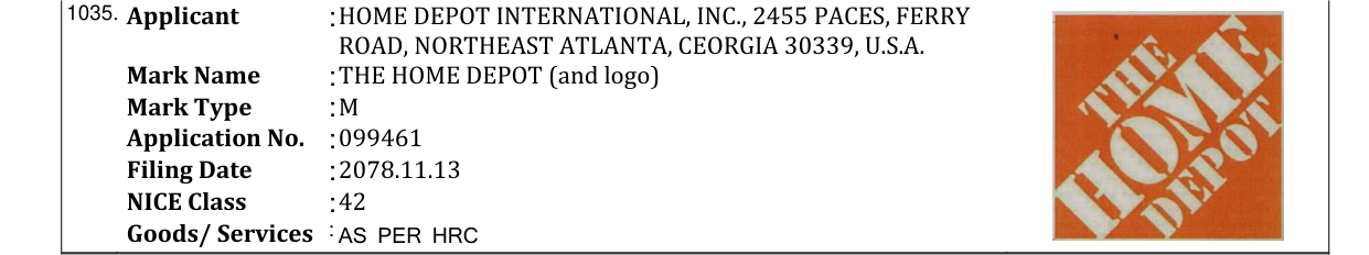 Original bulletin entry for THE HOME DEPOT (and logo)